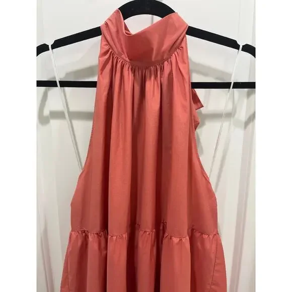 NWT Theory Tiered Halter Neck Mini Dress in Pink Coral Sz L